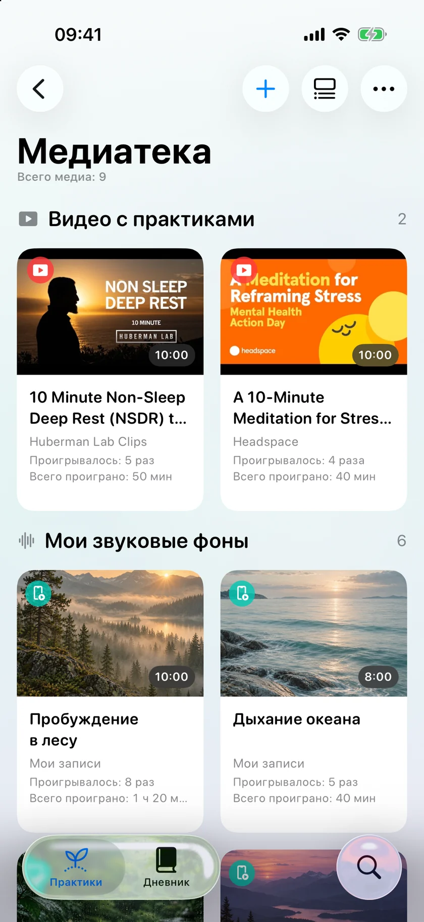 Медиатека Self с личными аудио и видео YouTube