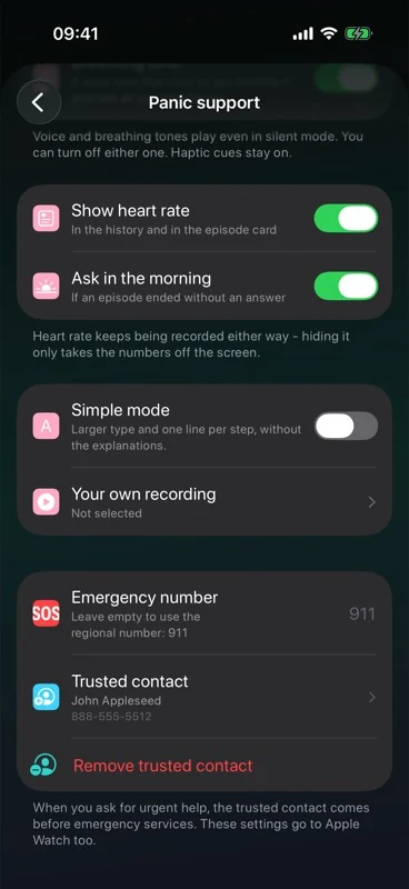 Self panic support settings with a chosen trusted contact