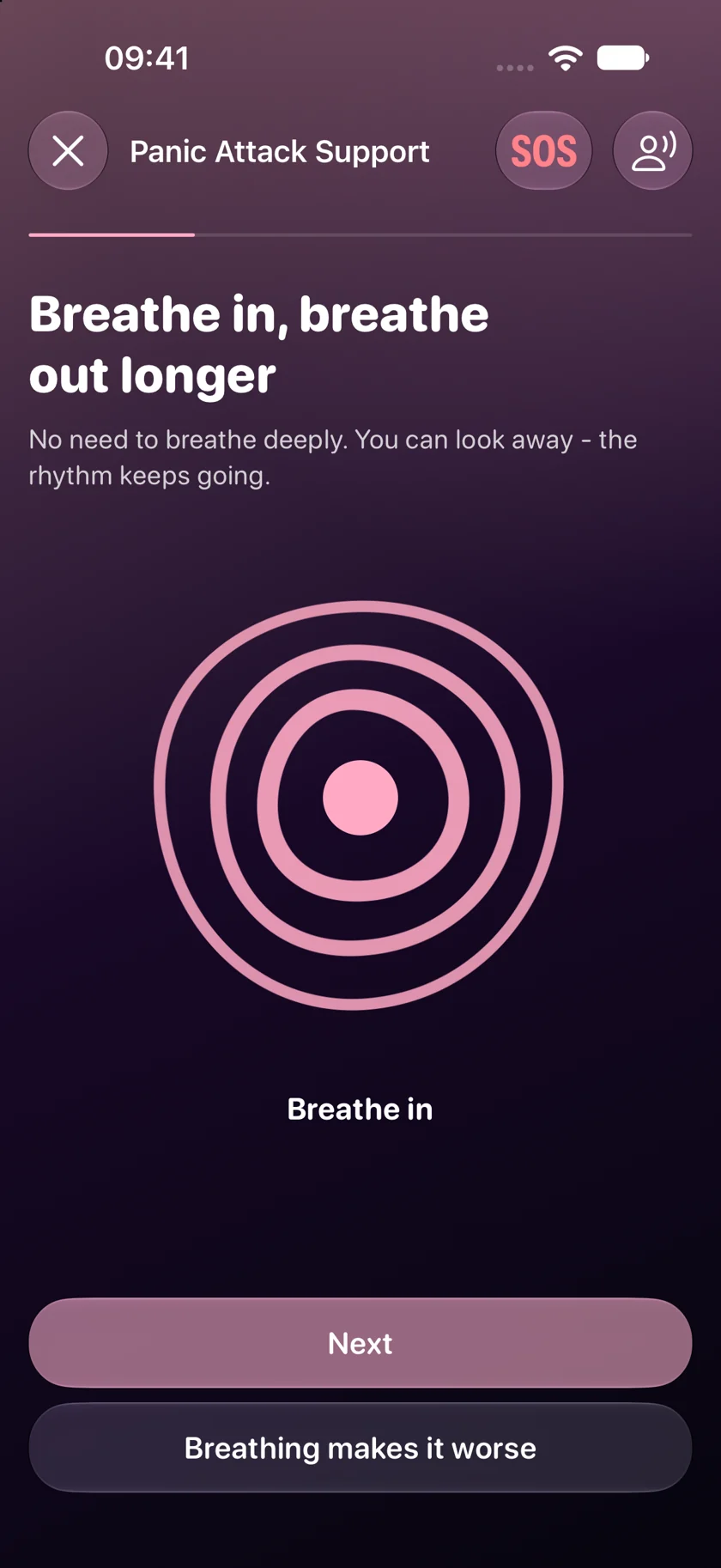 Self panic support screen with a breathing guide